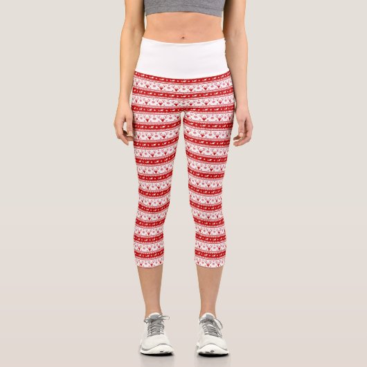 白と赤のクリスマスディアヘッドのパターン カプリレギンス (正面)