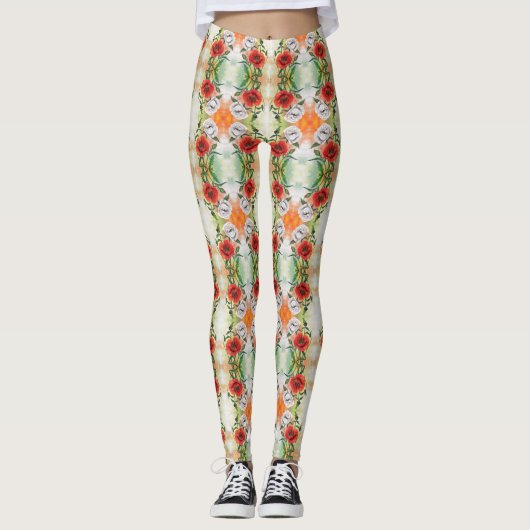 白と赤のケシのレギンス レギンス (正面)