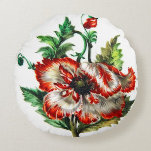 白と赤のケシの花アート ラウンドクッション