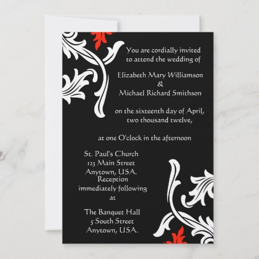 白と赤のダマスク模様の黒いウェディングドレス 招待状 (正面)