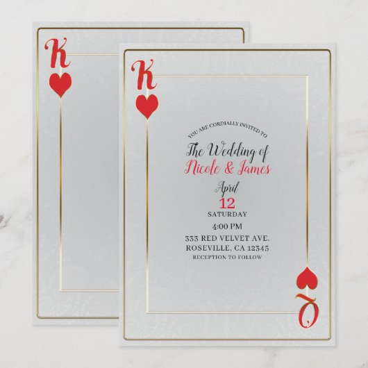 白と赤のハートのキング&クイーンのエレガントな結婚式 招待状 (正面/裏面)