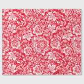 白と赤のフローラのダマスパターン ラッピングペーパー (フラット)
