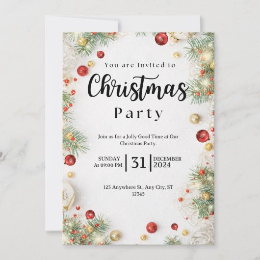 白と赤のフローラクリスマスパーティの招待状 招待状 (正面)