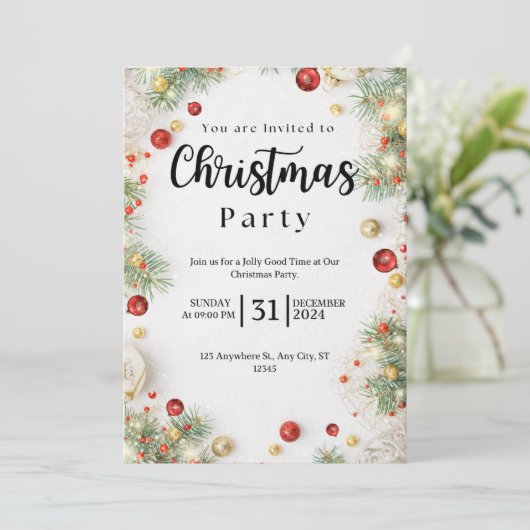 白と赤のフローラクリスマスパーティの招待状 招待状 (スタンド正面)