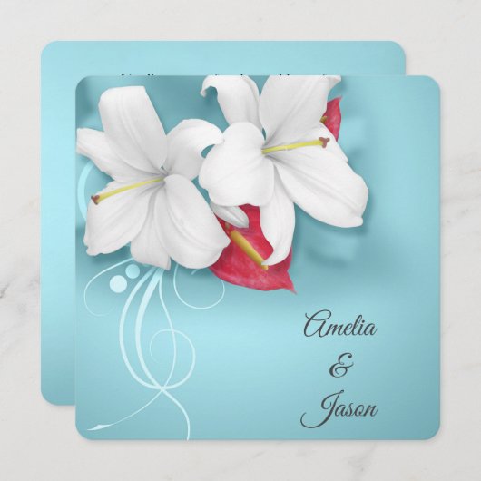 白と赤のユリのウェディング 招待状 (正面/裏面)