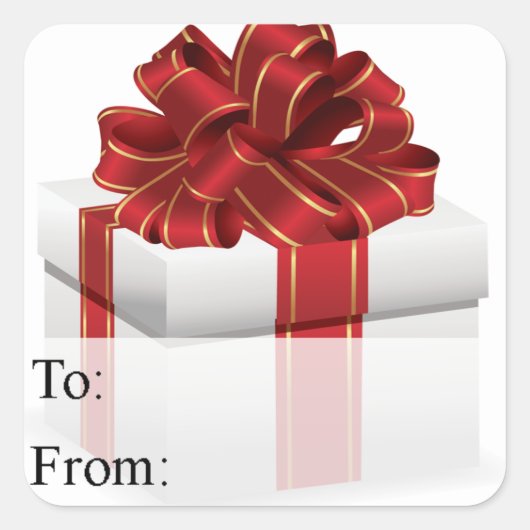 白と赤のラッピングがされたクリスマスプレゼントのギフトタグ スクエアシール (正面)