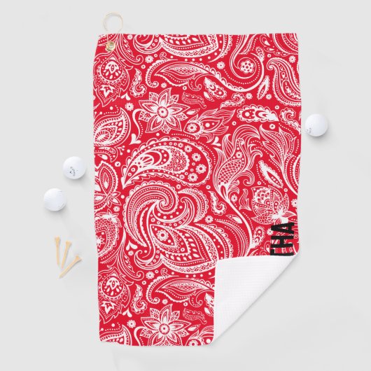 白と赤のヴィンテージペイズリーパターンモノグラム ゴルフタオル (インサイチュ)