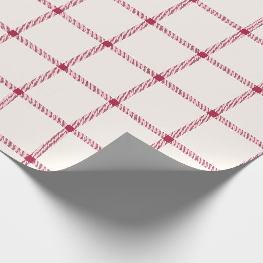 白と赤の手で描かれた格子柄の農家が可愛い ラッピングペーパー (角)