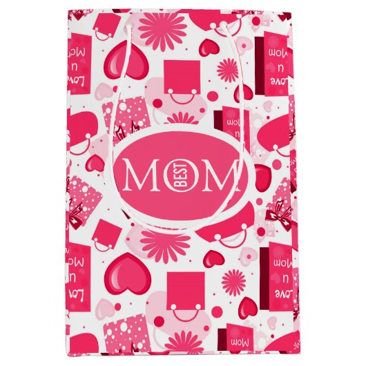 白と赤の母親の日シームレスなパターン ミディアムペーパーバッグ (正面)