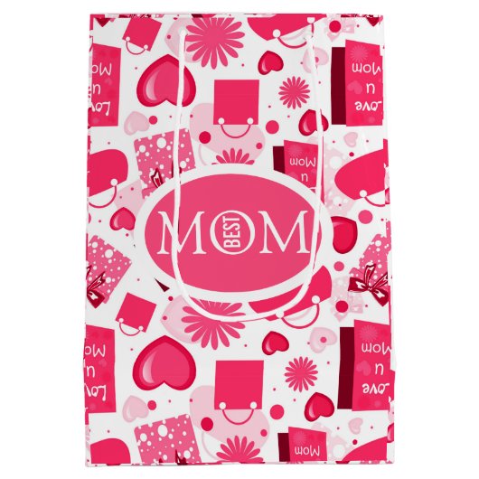 白と赤の母親の日シームレスなパターン ミディアムペーパーバッグ (裏面)