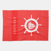 白と赤の水玉模様と航海のボートホイール キッチンタオル (横)