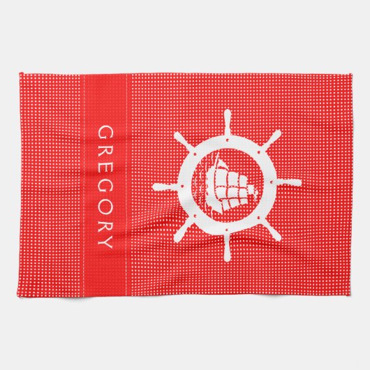 白と赤の水玉模様と航海のボートホイール キッチンタオル (横)
