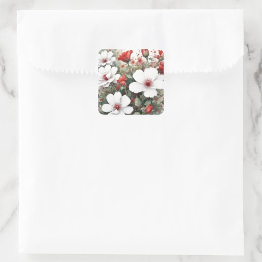 白と赤の花のエレガントな水彩画 スクエアシール (バッグ)