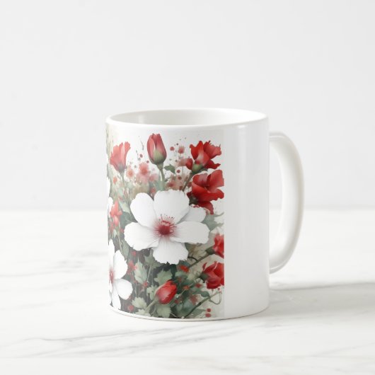 白と赤の花エレガント水色 コーヒーマグカップ (正面右)