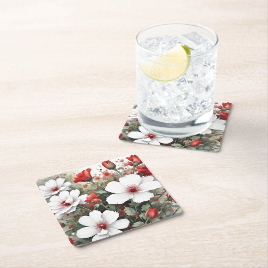 白と赤の花エレガント水色 スクエアペーパーコースター (インサイチュ)