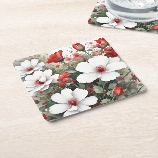 白と赤の花エレガント水色 スクエアペーパーコースター (アングル)