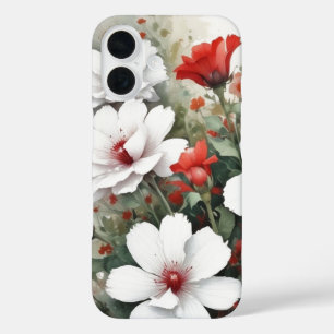 白と赤の花エレガント水色 iPhone 16ケース