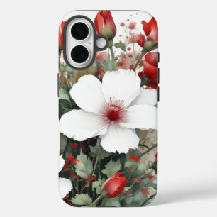 白と赤の花エレガント水色 iPhone 16ケース