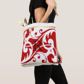 白と赤の花色の金ゴールドモノグラム トートバッグ (クローズアップ)