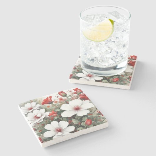 白と赤の花 エレガントな水彩 ストーンコースター (横)