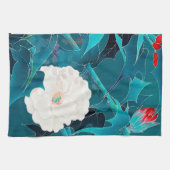 白と赤の花、日本のデザイン キッチンタオル (横)
