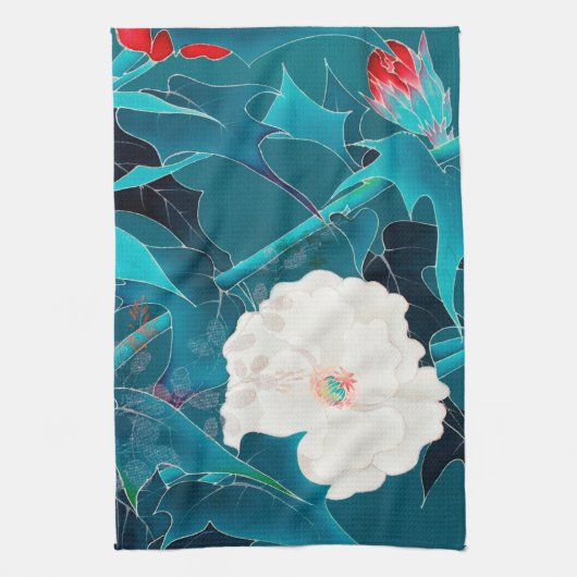 白と赤の花、日本のデザイン キッチンタオル (縦)