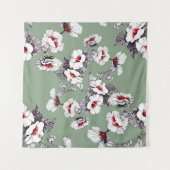 白と赤の花：緑の装飾 タペストリー (正面(横))