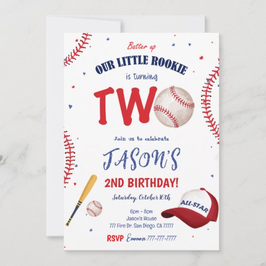 白と赤の野球の誕生日招待状 招待状 (正面)