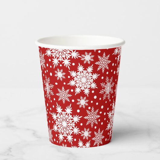 白と赤の雪片のシームレスなパターン 紙コップ (裏面)