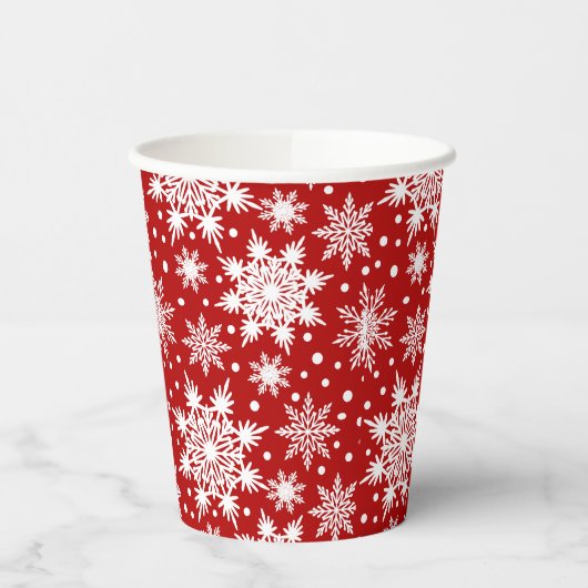 白と赤の雪片のシームレスなパターン 紙コップ (左)