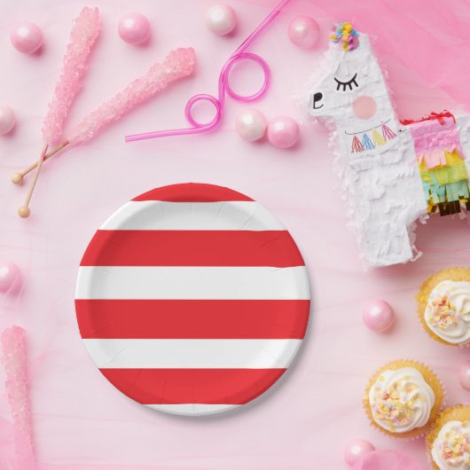 白と赤ストライプの ペーパープレート (パーティー)