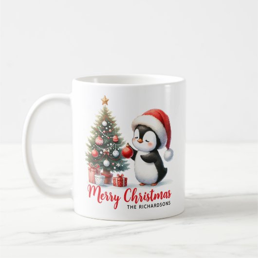 白と赤モダンのおもしろいペンギンのメリークリスマス コーヒーマグカップ (左)