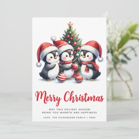 白と赤モダンの可愛いペンギンがクリスマスを楽しむ シーズンカード (スタンド正面)