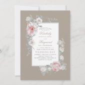 白と赤面の水色ヴィンテージフローラ結婚 招待状 (正面)