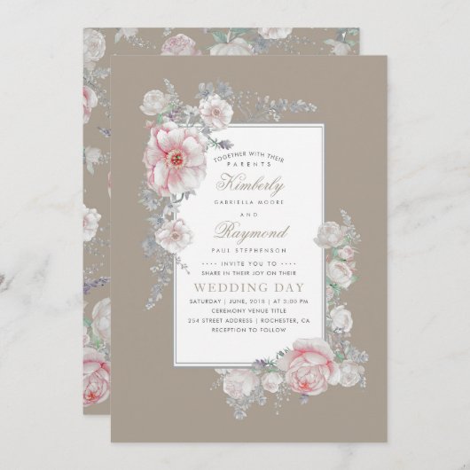 白と赤面の水色ヴィンテージフローラ結婚 招待状 (正面/裏面)