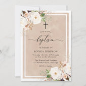 白と赤面の花ベビーガール写真バプテスマ 招待状 (正面)