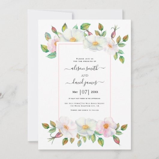 白と赤面ピンクの野生の犬のバラのフローラ結婚 招待状 (正面)