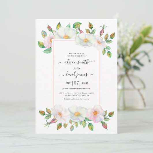 白と赤面ピンクの野生の犬のバラのフローラ結婚 招待状 (スタンド正面)