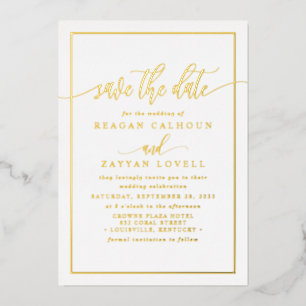 白と金のカリグラフィー Save The Date 箔カード 箔招待状