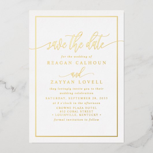 白と金のカリグラフィー Save The Date 箔カード 箔招待状 (正面)