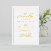 白と金のカリグラフィー Save The Date 箔カード 箔招待状 (立ち正面)
