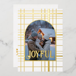 白と金のギンガムチェックのクリスマスホリデーフォト 箔シーズンカード