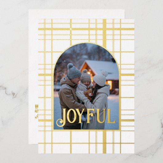 白と金のギンガムチェックのクリスマスホリデーフォト 箔シーズンカード (正面/裏面)