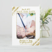 白と金のグリッター写真でお知らせする結婚式のSave the Date 招待状 (スタンド正面)