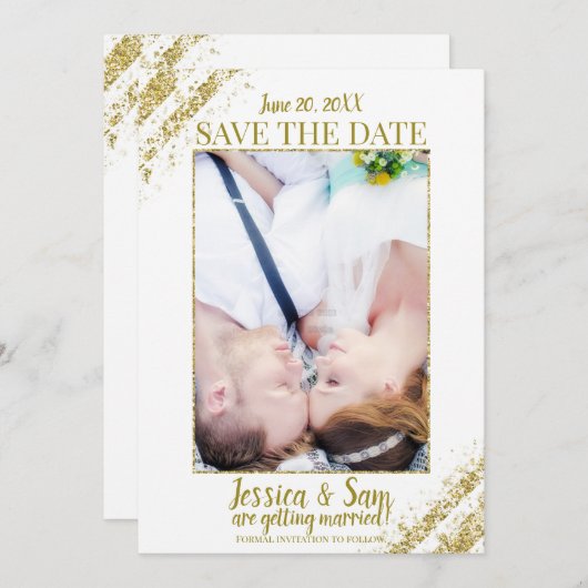 白と金のグリッター写真でお知らせする結婚式のSave the Date 招待状 (正面/裏面)