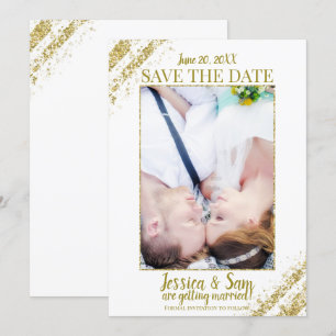 白と金のグリッター写真でお知らせする結婚式のSave the Date 招待状
