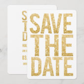 白と金のグリッター Save the Date タイポグラフィー 招待状 (正面/裏面)