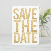 白と金のグリッター Save the Date タイポグラフィー 招待状 (スタンド正面)