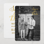 白と金のセーブ・ザ・デート・カジュアル・タイポグラフィ 招待状 (正面/裏面)