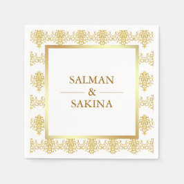 白と金のダマスク模様の結婚式 スタンダードカクテルナプキン